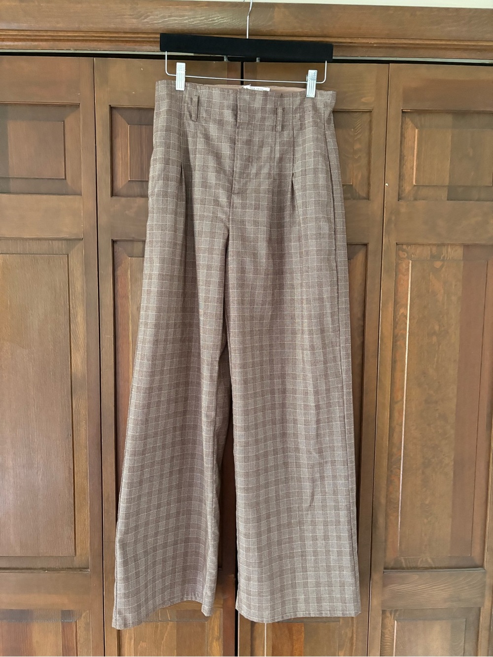12th Tribe Plaid High-Waist Wide-Leg Trousers in Brown